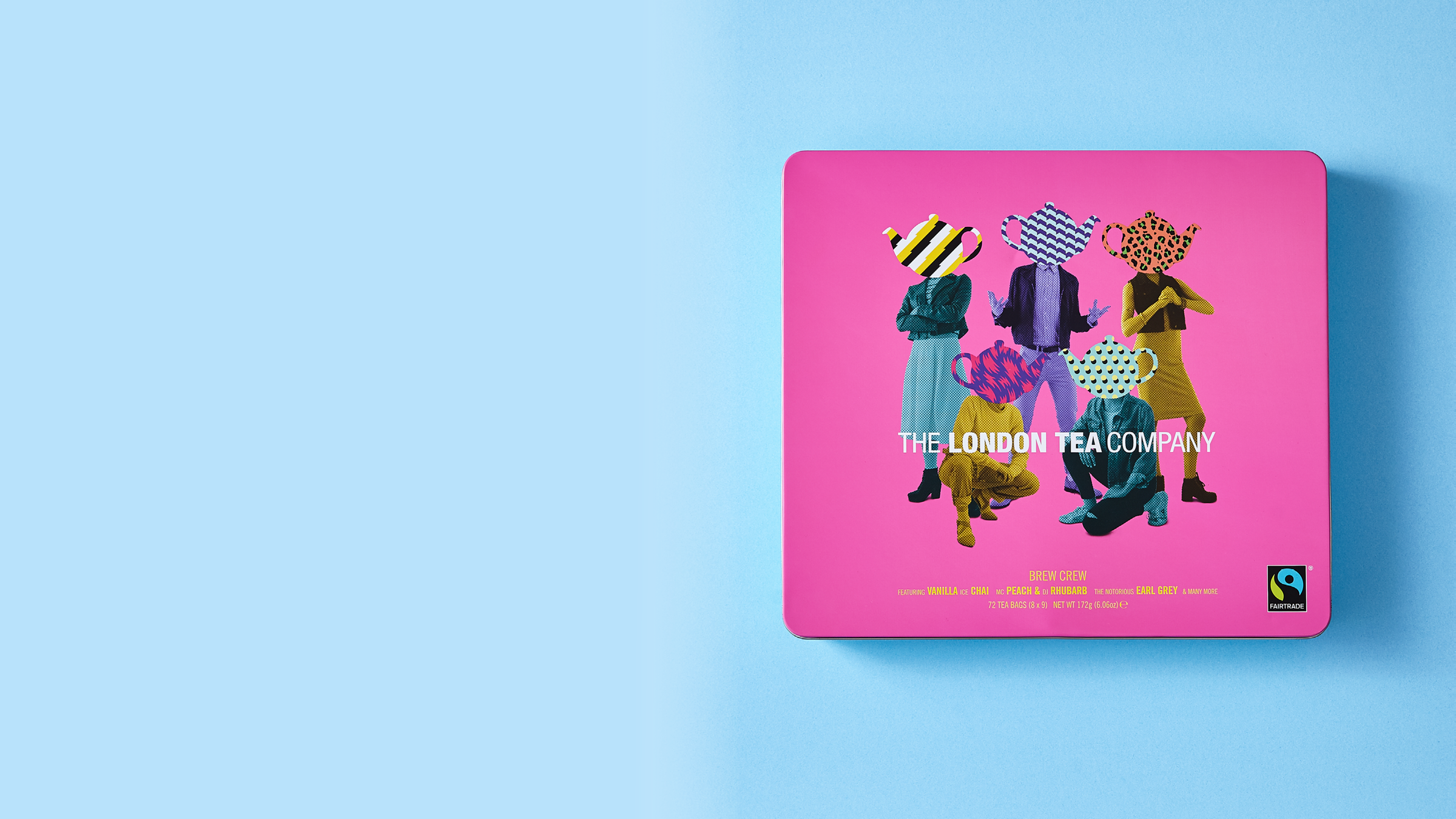 Pink tin custom packaging with a blue background.