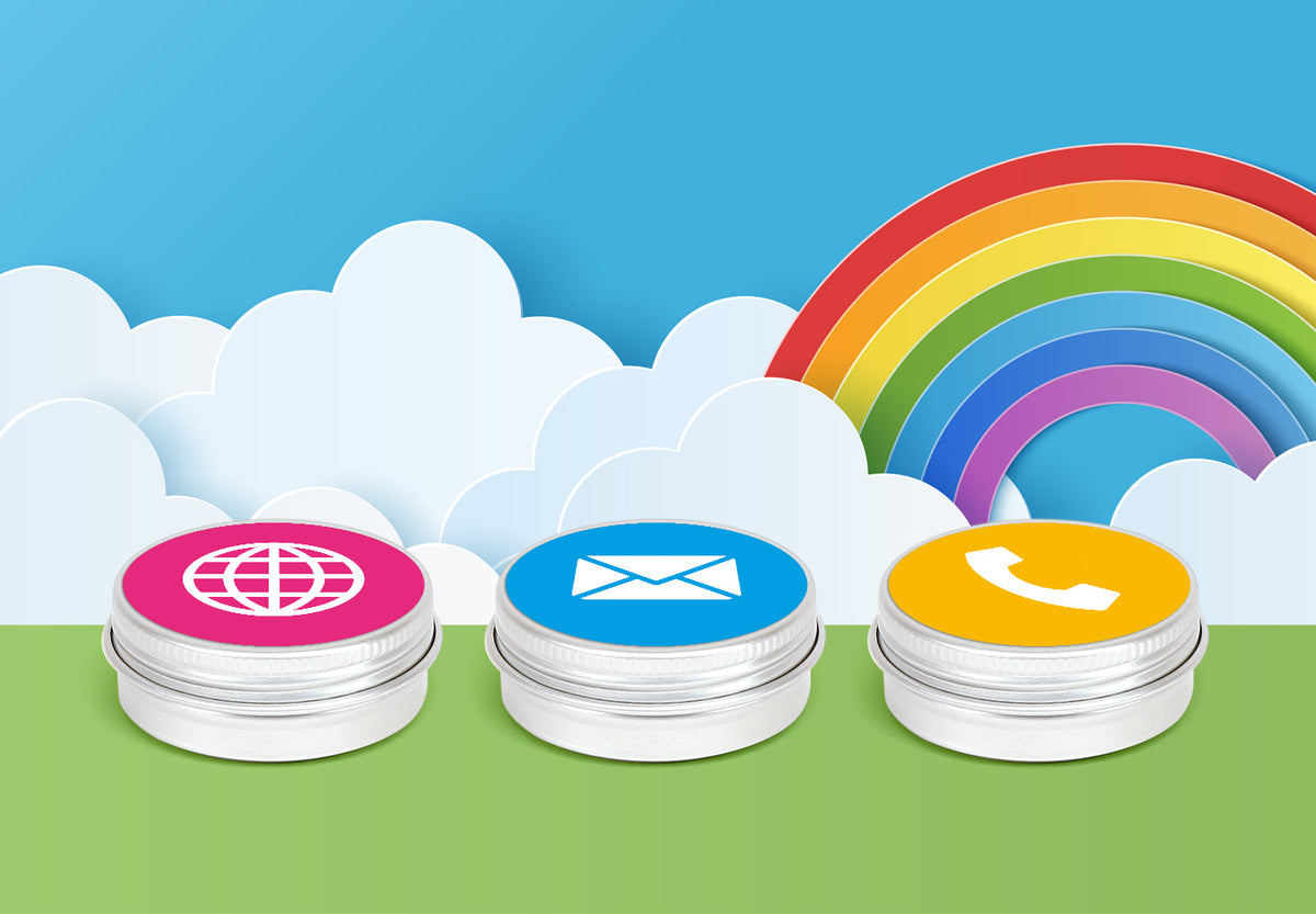 Cartoon tins with rainbow in the background showcasing symbols for connectivity. 
