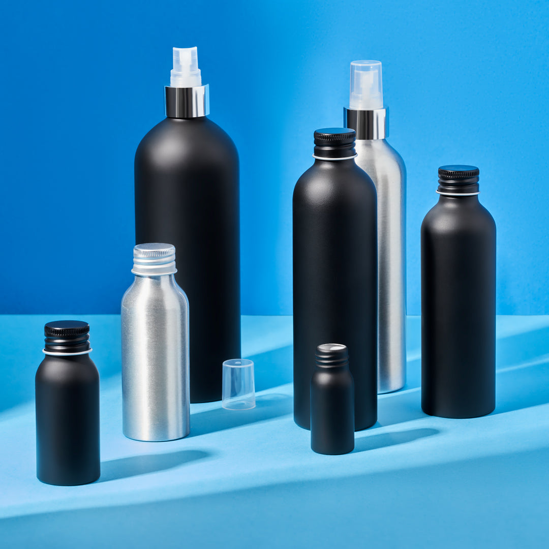 Silver and Black Aluminium Screw Lid Bottles with Optional Pump or Spray Caps T9902 - Tinware Direct