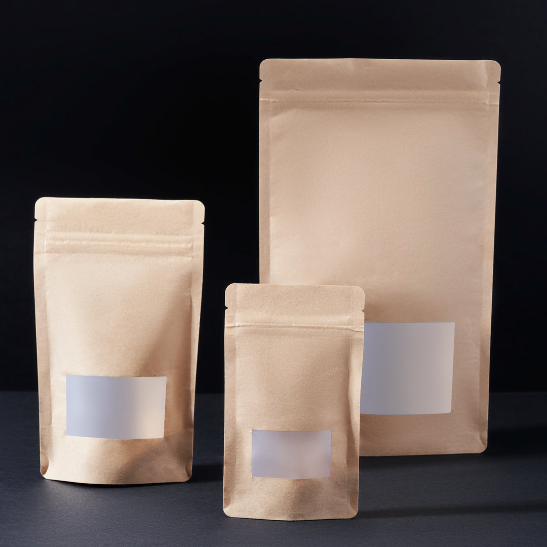 Tinware Direct Stand Up Pouches with Windows in three sizes on black background. Product Code: P8004KW