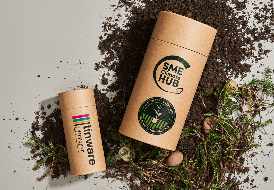 Brown sustainable cardboard packaging resting on soil. 