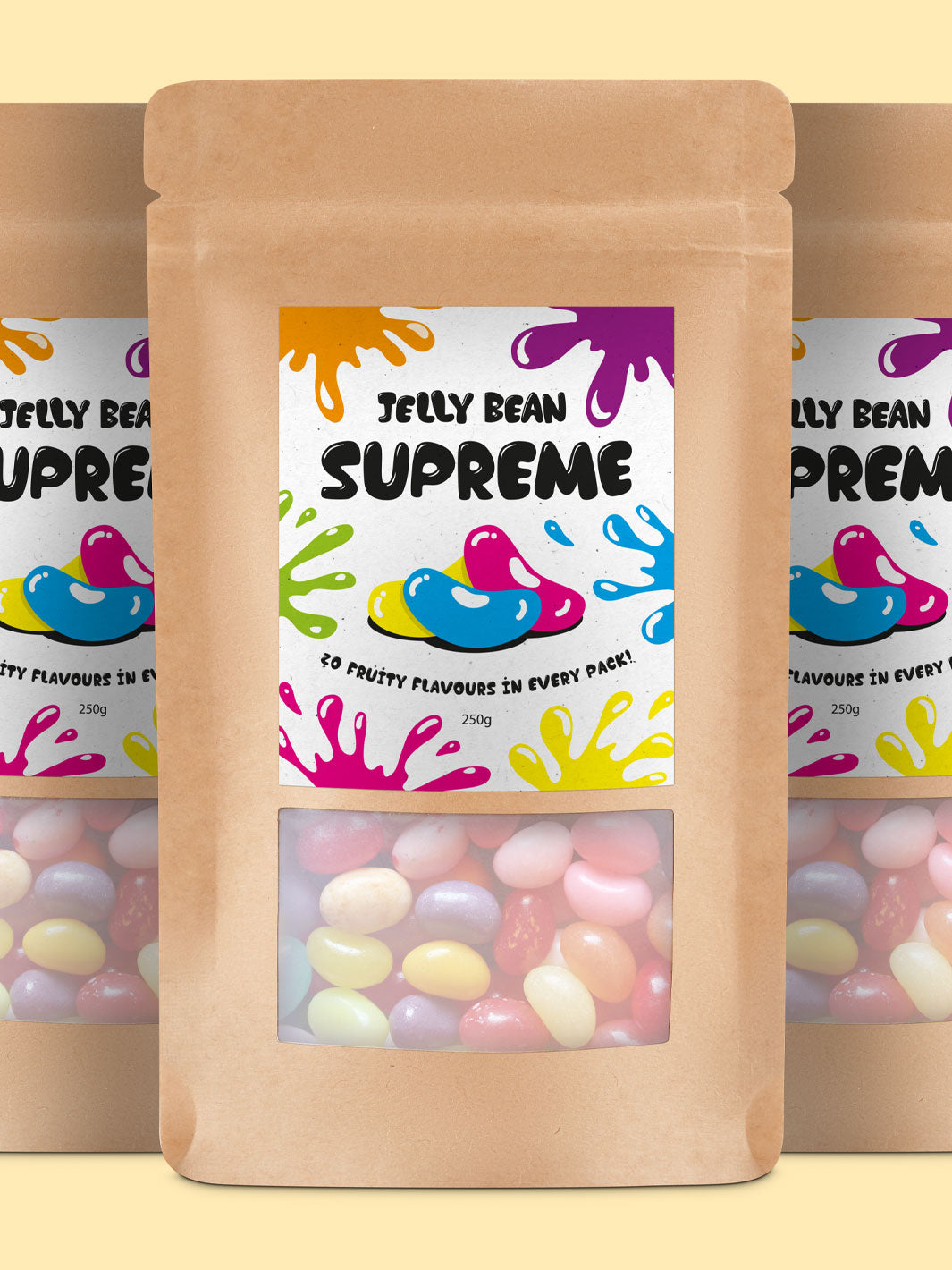 Jelly bean stand up pouch packaging with a custom label. 