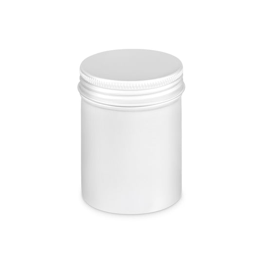 Tall round aluminium tin with screw lid in silver with product code T9072.