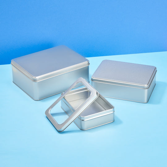 Silver Large Rectangular Step Lid Tin with Either Solid or Clear Lid T2340 - Tinware Direct